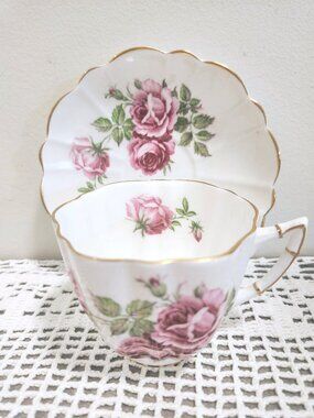 Victoria Tea Cup and Saucer Scallop Edge Pink Floral